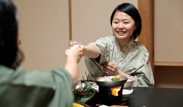 Cheers while wearing lovely Japanese yukata robes!