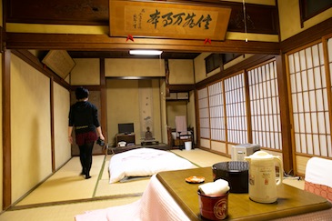 Classic Japanese tatami room. She was so excited about the kotatsu (a small table with an electric heater underneath, covered by a quilt).